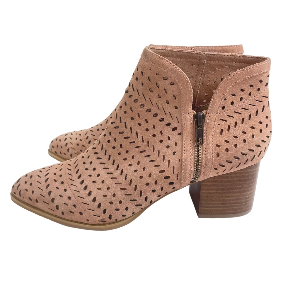 Seychelles Chaparral Lasercut Suede Leather Heeled Ankle Booties Ginger Pink